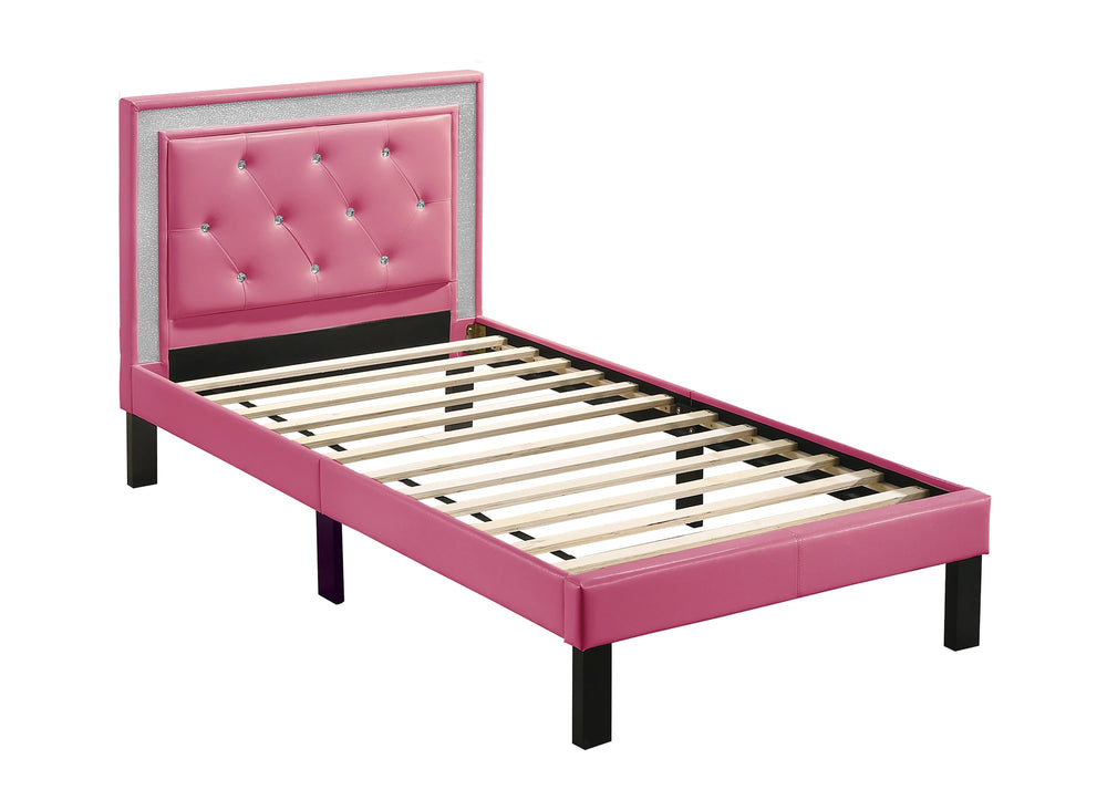 English Elm Modern Glam Tufted Faux Leather Bed with Glitter Frame and Diamond Accents, Full Size, 12-Slat Support, Sturdy Middle Legs, Elegant Upholstered Headboard Pink 60 L x 36 W x 6 H B011P400278