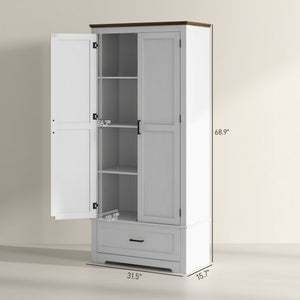 English Elm HOMCOM 67" Freestanding Kitchen Pantry Cabinet with 4 Doors, 6-Tier Adjustable Shelves, Rustic Charm Cream White W2225P249924