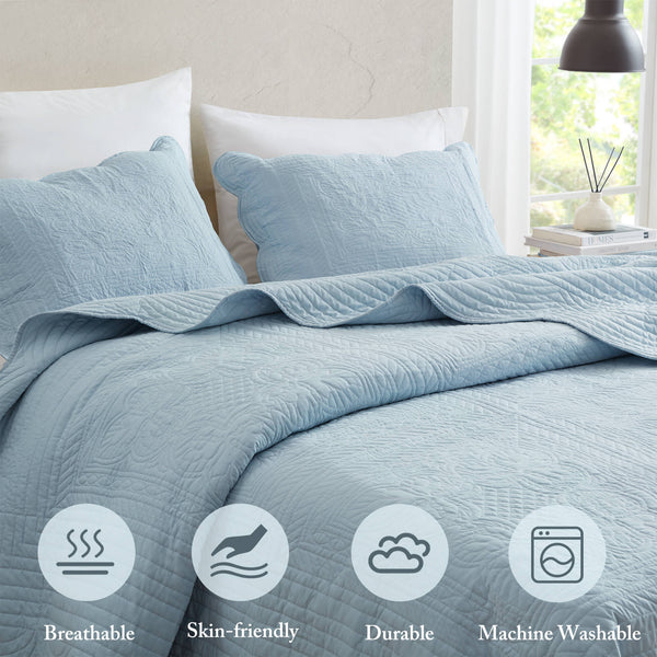 JLA Home Madison Park - 3 Reversible Scalloped Edge Quilt Set with Microfiber Face, Cotton Fill, Antimicrobial Freshness, Machine Washable Blue MP13-8246