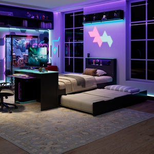 English Elm Twin Wood Gaming Daybed with Trundle Built-in Desk Rgb Lighting and Usb Port Black+Blue LT000283AAC