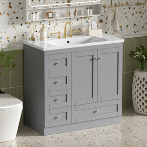 English Elm 36 Inch Shaker Bathroom Vanity with Resin Sink Four Soft Close Drawers Mdf Cabinet Gray N729P000028E