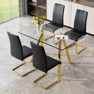 English Elm Tempered Glass Four Seat Dining Set with Chrome Sled Chairs for Modern Compact Spaces W3875S00048