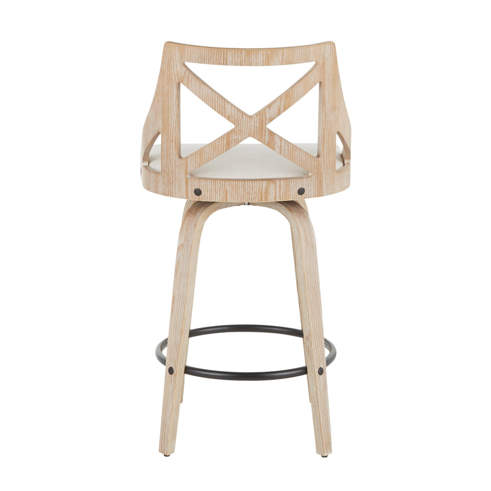 English Elm Charlotte Farmhouse Counter Stool Set of 2 - Whitewashed Wood X-Back, Cream Fabric Swivel Seats, 360° B202P221816