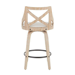 English Elm Charlotte Farmhouse Counter Stool Set of 2 - Whitewashed Wood X-Back, Cream Fabric Swivel Seats, 360° B202P221816