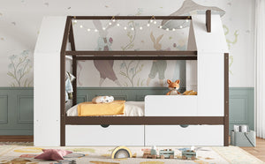English Elm Twin House Frame Bed Pine Wood with Storage Drawers and Shelves for Kids Bedroom W1580S00573