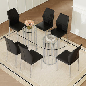 English Elm Table and Chair Set Oval Tempered Glass Top Six Seat Contemporary Dining Black,Silver,Transparent W1151S04740
