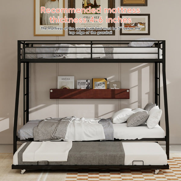 English Elm High Strength Iron Bunk Bed with Rolling Trundle Minimalist Queen Frame for Three W1935P360876
