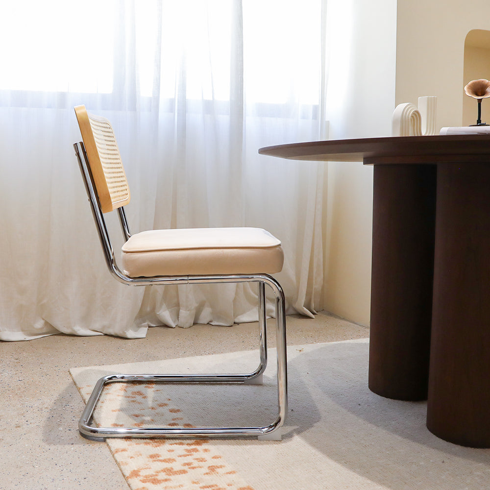 English Elm Dining Velvet Rattan Side Chairs Set of 2 with Chrome Cantilever Legs — Mid-Century Modern Upholstered Comfort in Champagne W2105P327593