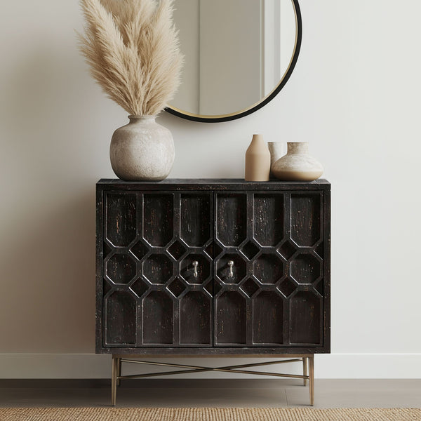 JLA Home Madison Park - Honeycomb sculptural 2-door wood cabinet with dimensional doors, rubbed black finish & bronze base MP130-0945