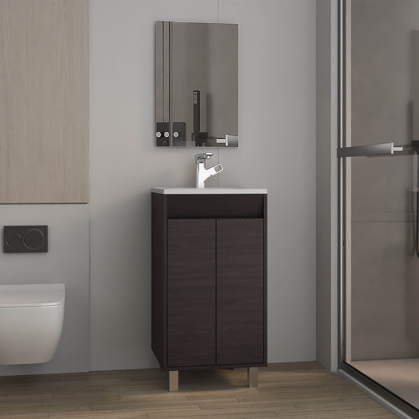 English Elm Bathroom Compact vanity cabinet with sink and mirror, 2-door storage, 2 shelves, 4 legs, engineered durability Black 37.01 L x 22.05 W x 12.2 H B097P350301