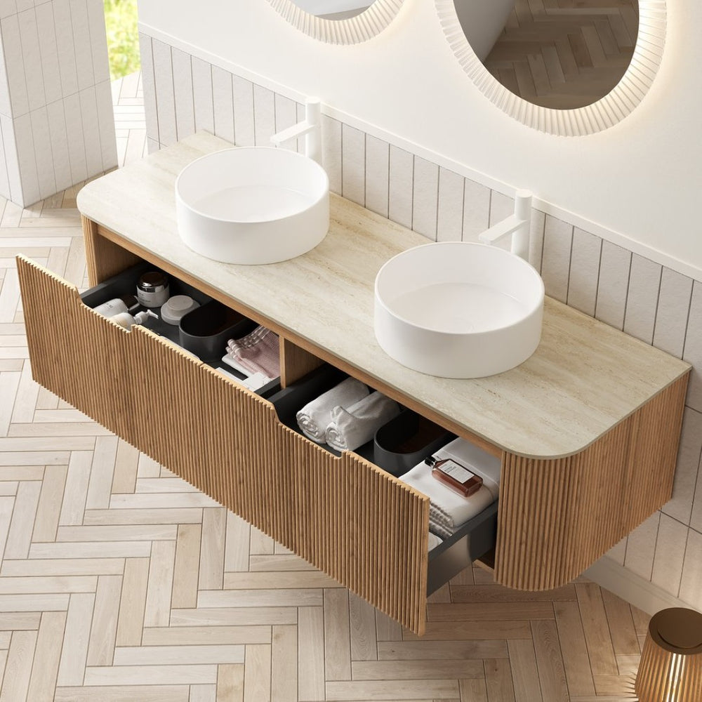 English Elm Dina 60 Inch Floating Bathroom Vanity Sintered Stone Top Dual Glass Basins Wood Grain W2615S00343