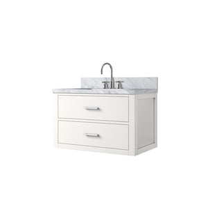 English Elm White Elegant Single Bath Vanity With Carrara Marble Top, Chrome Faucet & Soft-Close Drawers B2731P257943-GIGA