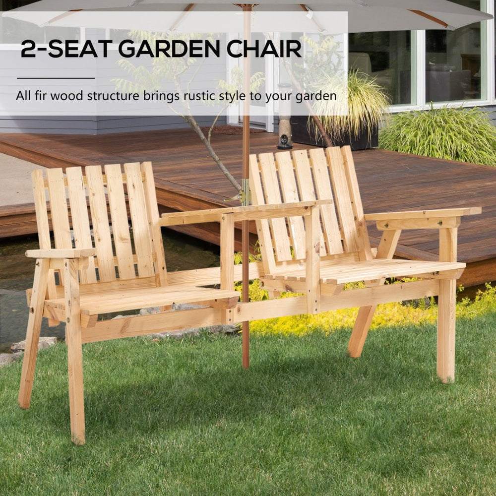 English Elm Bench with Built-in Table and Umbrella Hole Slatted Fir Wood Outdoor Patio Seat T3971P389275