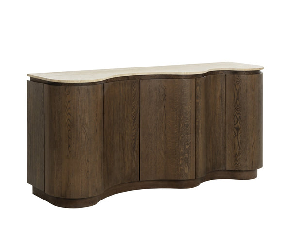 Sunpan FABLE Sideboard: Elegant Solid Oak Storage with Curved Design and Travertine Top for Modern Homes 112360