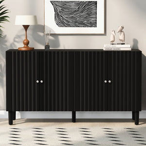English Elm U_STYLE Four-Door Sideboard with Wavy Panel Doors, Cylindrical Wood Legs, Sleek Metal Handles, 67" länge Black N711P186790B