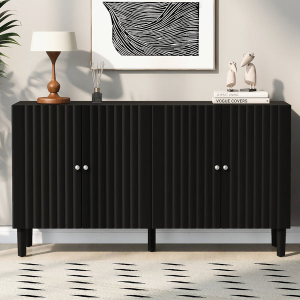 English Elm U_STYLE Four-Door Sideboard with Wavy Panel Doors, Cylindrical Wood Legs, Sleek Metal Handles, 67" länge Black N711P186790B
