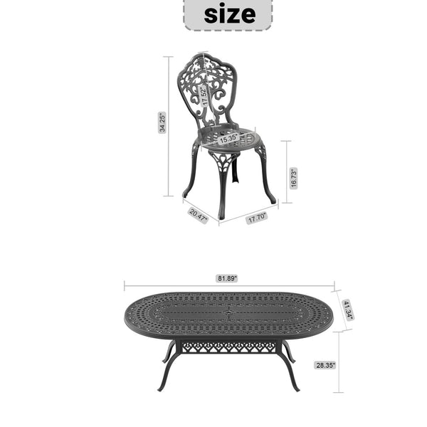 English Elm 9-piece Cast Aluminum Outdoor Dining Set Carved Petal Motifs Black Powder Coat W1710S00533