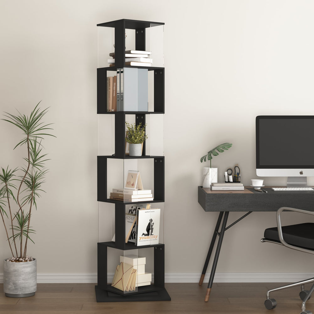 English Elm 6 tier Rotating Bookshelf with 360° Spin, Large Capacity Wood Veneer & Acrylic Shelves for Compact Spaces Black W409P167479