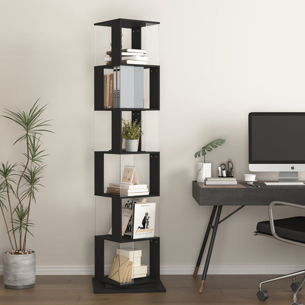 English Elm 6 tier Rotating Bookshelf with 360° Spin, Large Capacity Wood Veneer & Acrylic Shelves for Compact Spaces Black W409P167479