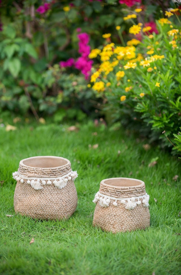 English Elm Set Of 2 Stylish 6.5" Brown Cement Planters With Woven Tassels - Perfect For Small Plants & Decor! W2078P326608-GIGA