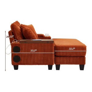 English Elm Fluffy Corduroy Storage Armrest Sofa with Ottoman, Bluetooth Speaker, USB, 180° Swivel Desk Orange W3705P349932