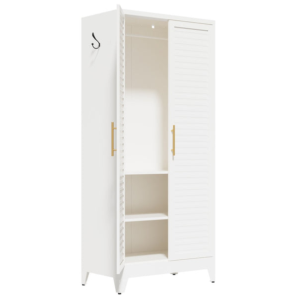 English Elm White Steel Freestanding Wardrobe Cabinet with Rod and Shelves for Dorm or Apartment T2398P480394