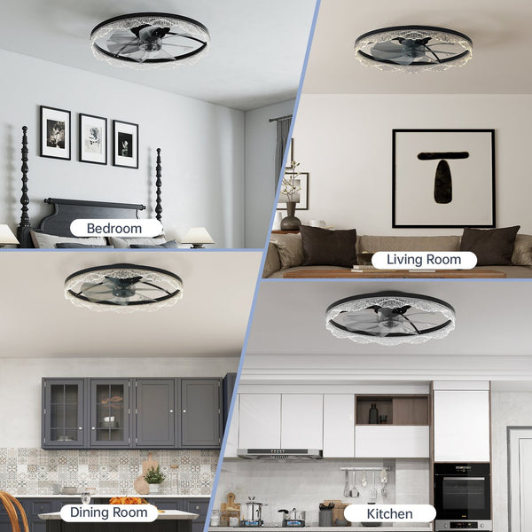 English Elm 24" Black LED Ceiling Fan Light Flush Mount with Hidden Blades, Remote & App Control, Dimmable W2312P368709