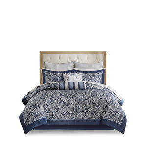 English Elm 12 Piece Madison Park Aubrey Jacquard Comforter Set Cal King Navy Paisley with 100% Cotton Sheets, Luxe Reversible Design and Decorative Pillows B03597016