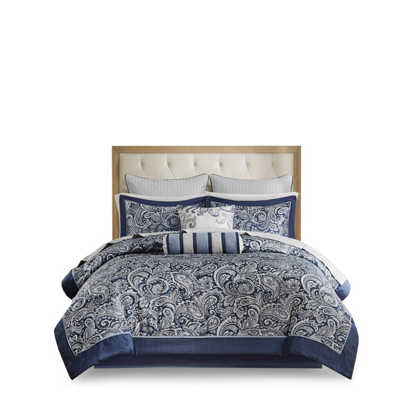 English Elm 12 Piece Madison Park Aubrey Jacquard Comforter Set Cal King Navy Paisley with 100% Cotton Sheets, Luxe Reversible Design and Decorative Pillows B03597016