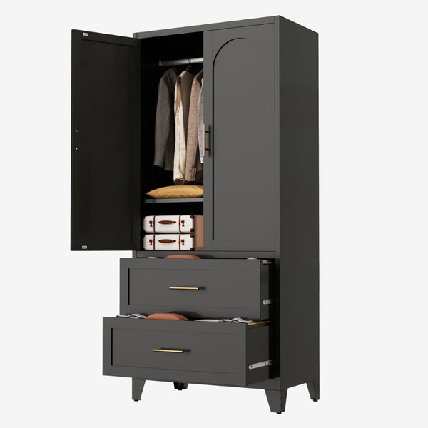 English Elm 71" Steel Wardrobe with Hanging Rod Two Drawers and Shelf for Compact Bedroom W3387P411306