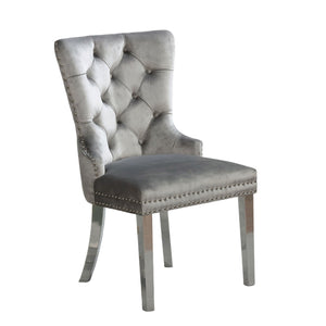 English Elm Contemporary Elegant Flannelette Wingback Dining Chair Set with Button Tufting, Nailhead Trim & Chrome Legs Gray 31 L x 26 W x 23 H B011P208973