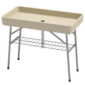 English Elm Outdoor Folding Drink Station Table with Built-in Ice Sink and Steel Frame Tan T3971P446144