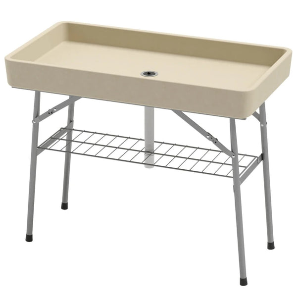 English Elm Outdoor Folding Drink Station Table with Built-in Ice Sink and Steel Frame Tan T3971P446144