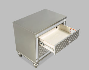 English Elm 1pc Glam Nightstand 2-Drawer Silver Champagne Mirror Accents Crosshatch Drawer Fronts 28x18.3x26.5" B2741P367217