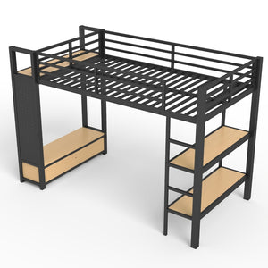 English Elm Full Size Pine Loft Bed House Frame with Slide Bookshelves and Moon Star Rails W1580S00590
