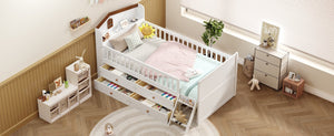 English Elm Twin Bed Frame with Storage Drawers and House Headboard, Kids Platform Bed with Guardrail Ladder and Shelf White 49.3 L x 16.25 W x 7.75 H N733S278032K