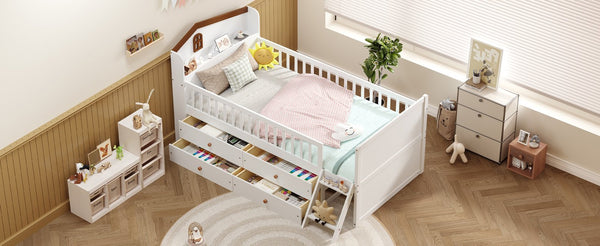 English Elm Twin Bed Frame with Storage Drawers and House Headboard, Kids Platform Bed with Guardrail Ladder and Shelf White 49.3 L x 16.25 W x 7.75 H N733S278032K