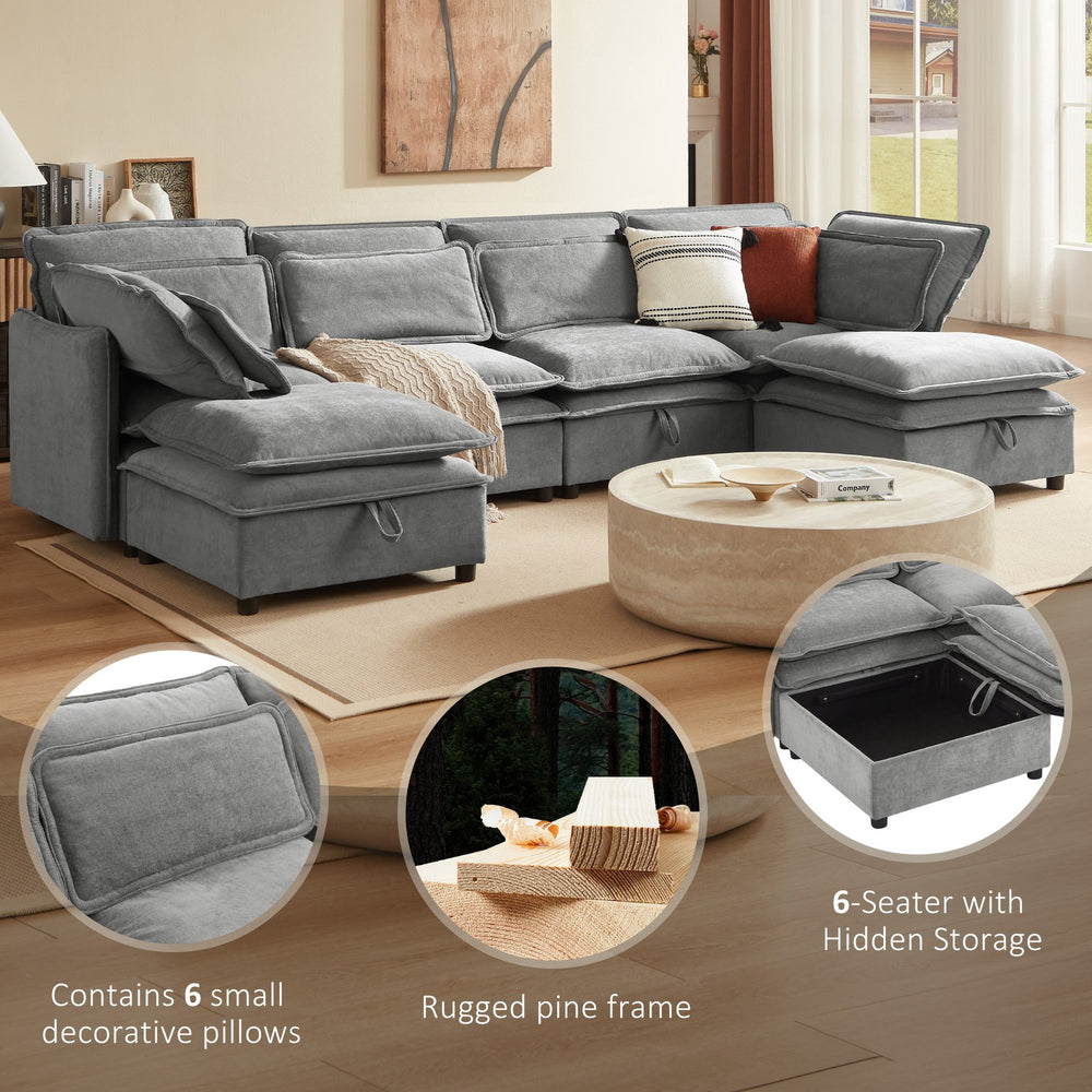English Elm U_Style Large U-Shaped Modular 6-Seater Sofa with Storage, Convertible Sofa Bed, Removable Covers, Modern Comfort and Durable Frame Grey WY000447AAE
