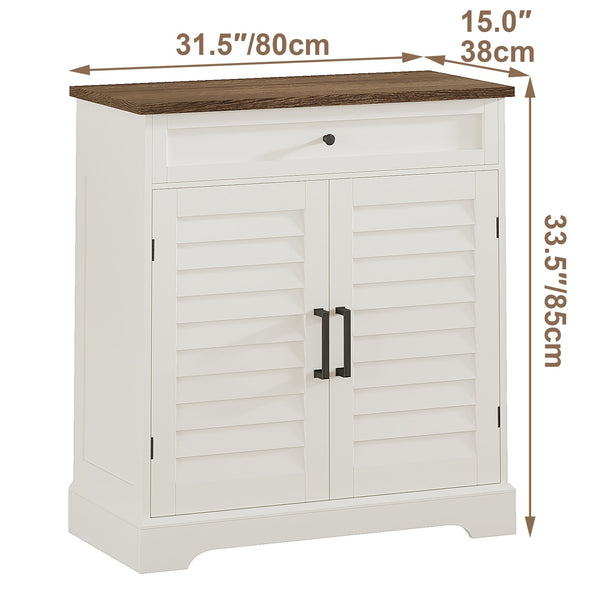 English Elm 16 Pair Shoe Cabinet Tall Freestanding Entryway Organizer with Drawer, Louvered Doors, Durable MDF Storage Brown,Soft White T3771P372927