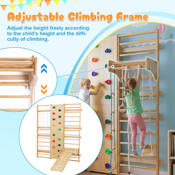 English Elm All-in-One Indoor Climbing Set with Rock Wall, Wooden Swings, Rings & Rope Ladders — Solid Wood, 220lb Capacity W1422P339563