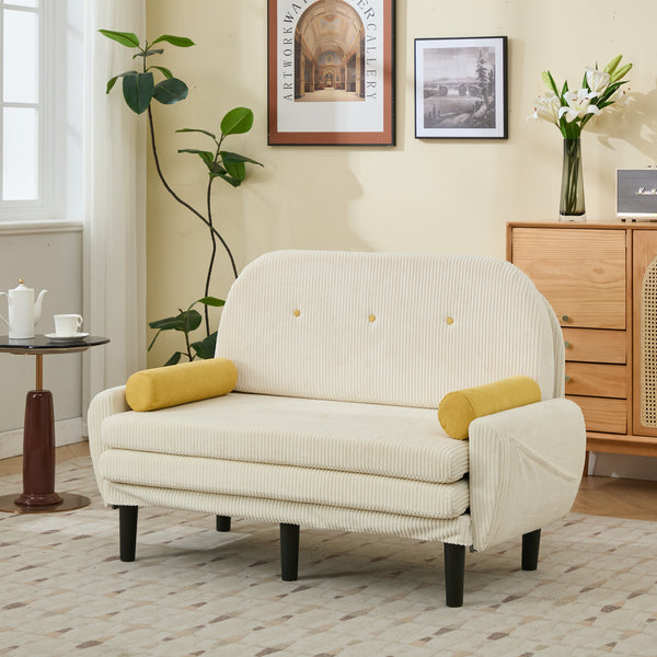 English Elm Ivory Corduroy Loveseat Daybed Recliner with USB Armrest, Metal Frame, Foam Cushions & Pillows W570P333061