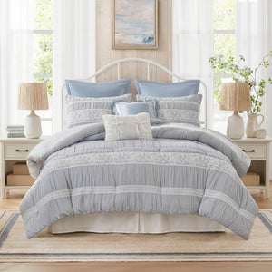 English Elm 7-piece King Jacquard Comforter Set Lace Detail Chambray Cottage Bedroom Ensemble Blue B035P482887