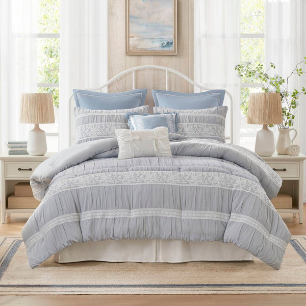 English Elm 7-piece King Jacquard Comforter Set Lace Detail Chambray Cottage Bedroom Ensemble Blue B035P482887