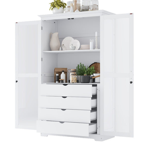 English Elm Topmax Solid Pine Pantry Cabinet with Glass Doors Four Drawers Farmhouse Storage White SP000086AAK