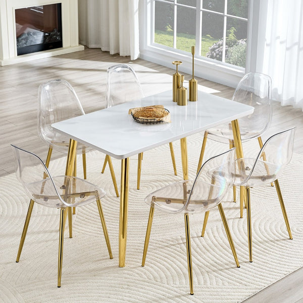 English Elm Table and Chair Set Marble Effect Glass Top Gold Legs Acrylic Seating for Six Transparent,White+Gold W1151S04639