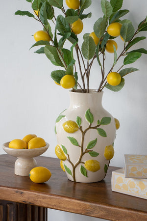 English Elm 9x9x12.5" Ceramic Vase with Hand-Painted Lemon Motif — Bright White Décor Accent for Kitchen, Living Room W2078P390440