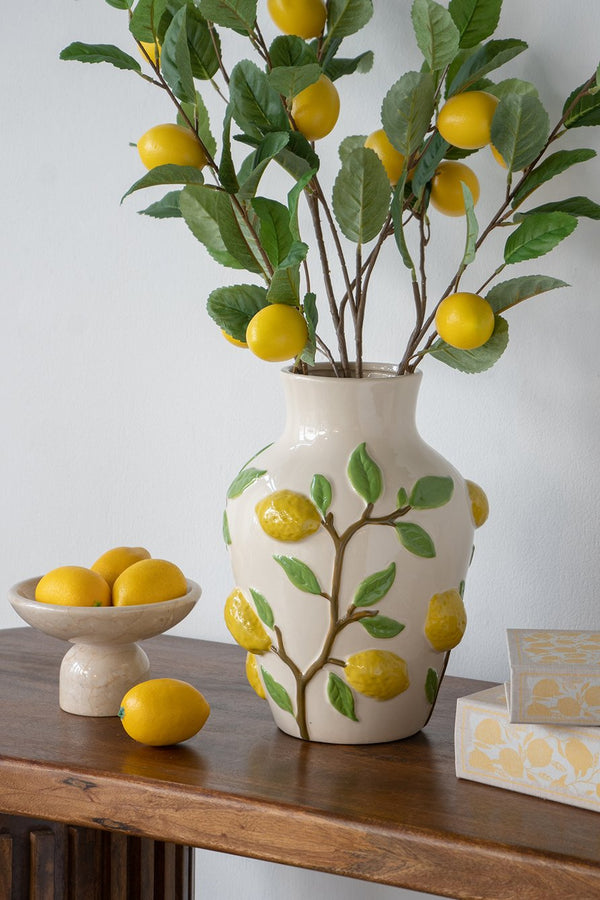 English Elm 9x9x12.5" Ceramic Vase with Hand-Painted Lemon Motif — Bright White Décor Accent for Kitchen, Living Room W2078P390440