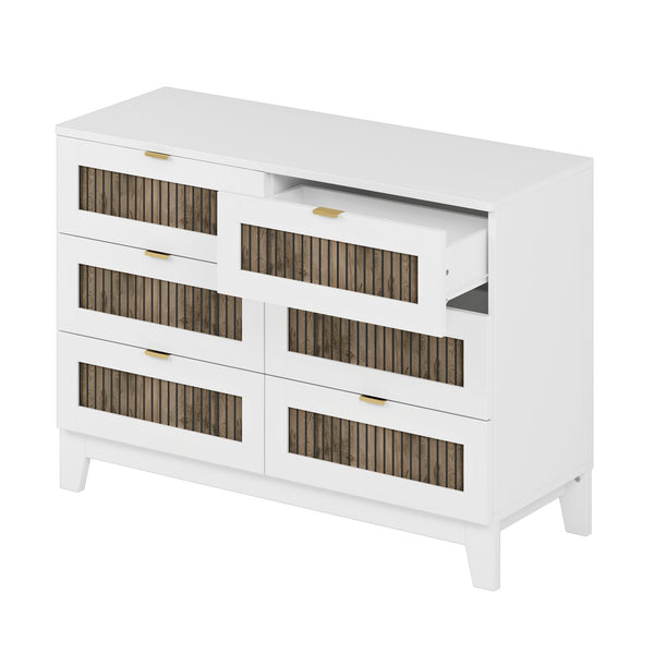 English Elm Rustic Farmhouse Wooden Dresser with 6 Drawers and Metal Handles — Spacious Storage, Stylish Bedroom Accent White 52.17 L x 18.5 W x 11.81 H WF530908AAK
