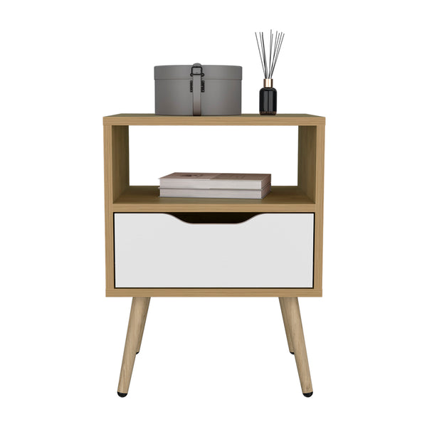 English Elm Kechi Nightstand with Drawer & Open Shelf White with Macadamia Accents – Durable Engineered Wood, Modern Storage Solution B092P286111