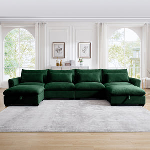 English Elm Big Deep Seat U-Shaped Corduroy Sectional Sofa with Storage Ottomans & Lumbar Pillows, Cozy Modular Design Green W714S00674